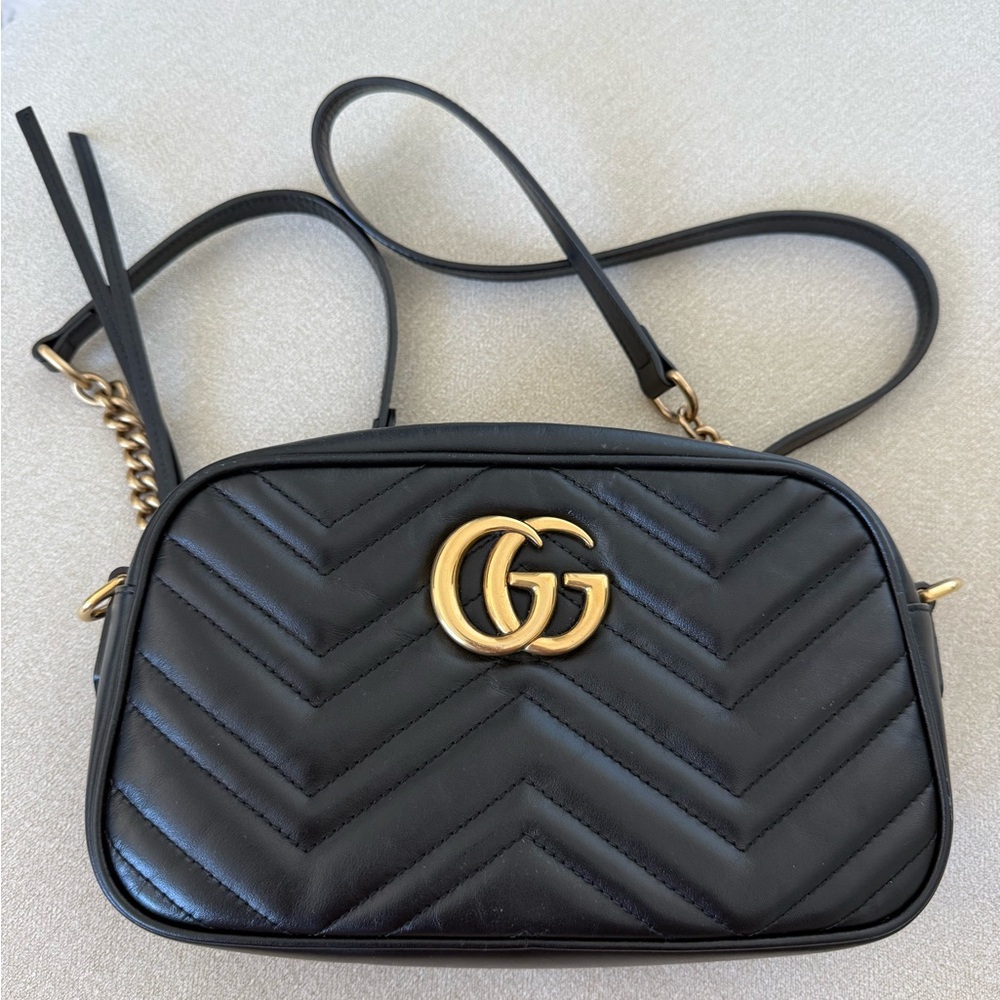 Gucci Black Chevron Crossbody Bag with Gold Accents